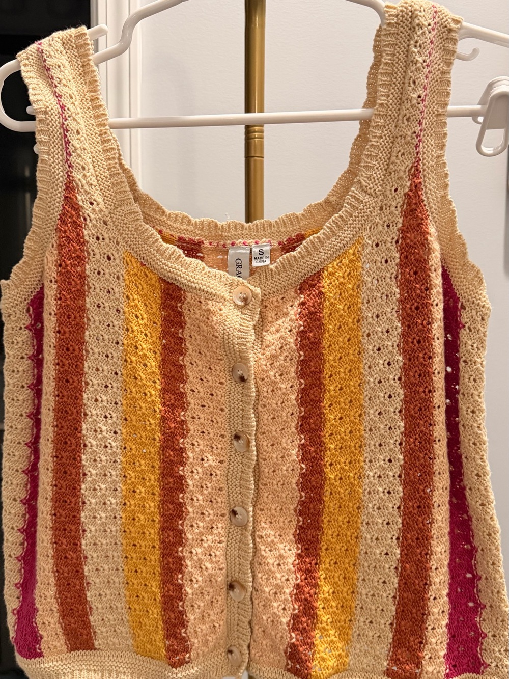 Striped Crochet Button-Front Tank Sweater in Cream, Mustard & Pink